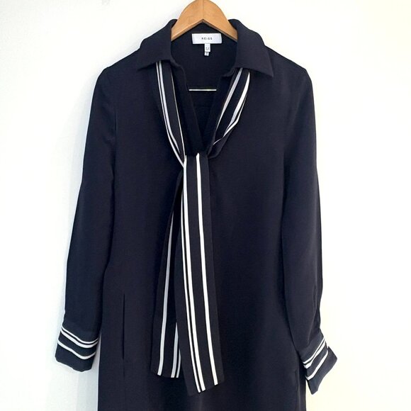 REISS Feya Navy Blue Stripe Detail Mini Dress Long Sleeve Pockets UK 6 US 2 - Picture 7 of 14